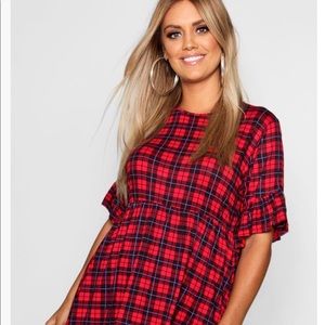 Boohoo Plus Check Ruffle Sleeve Smock Dress